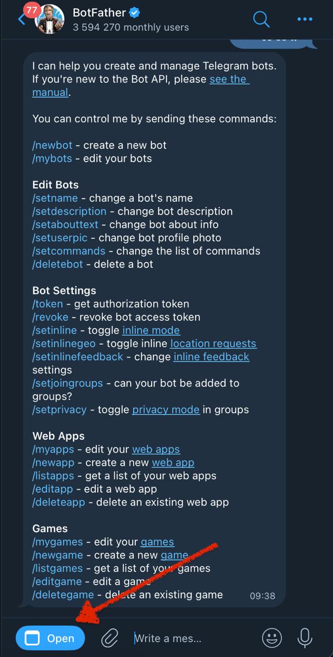 BotFather — кнопка открытия приложения
